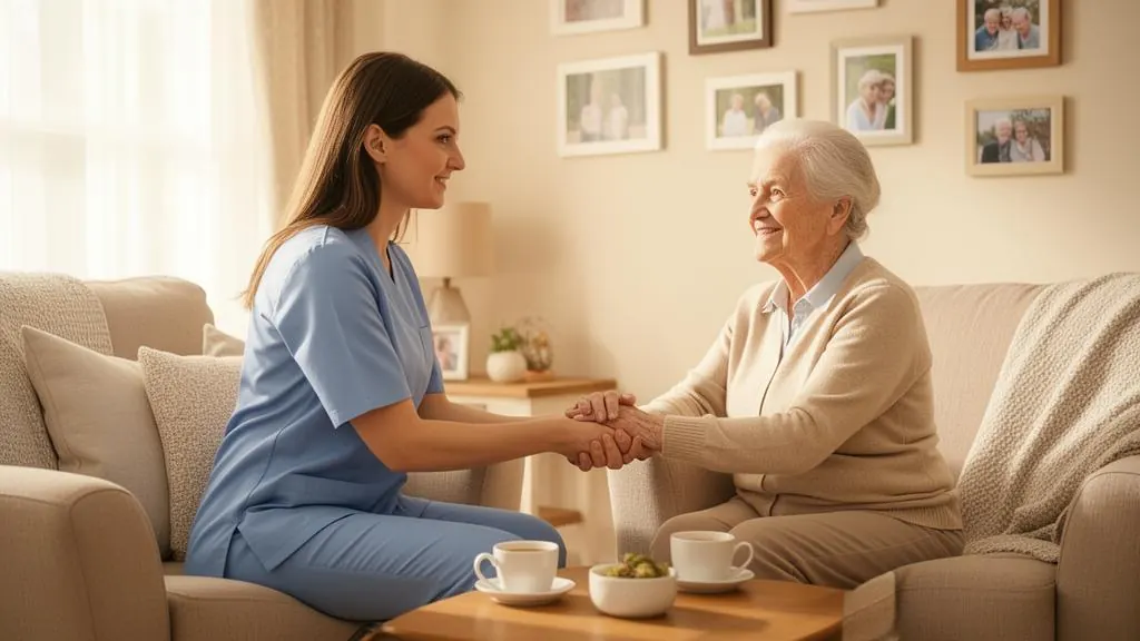 Carer holding hands with elderly woman